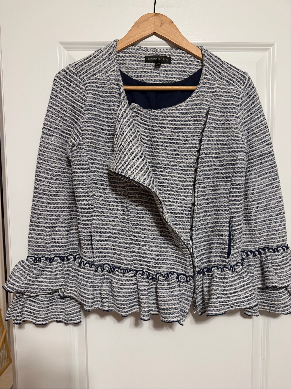 Banana Republic Navy and White Textured Jacket with Ruffle Trim